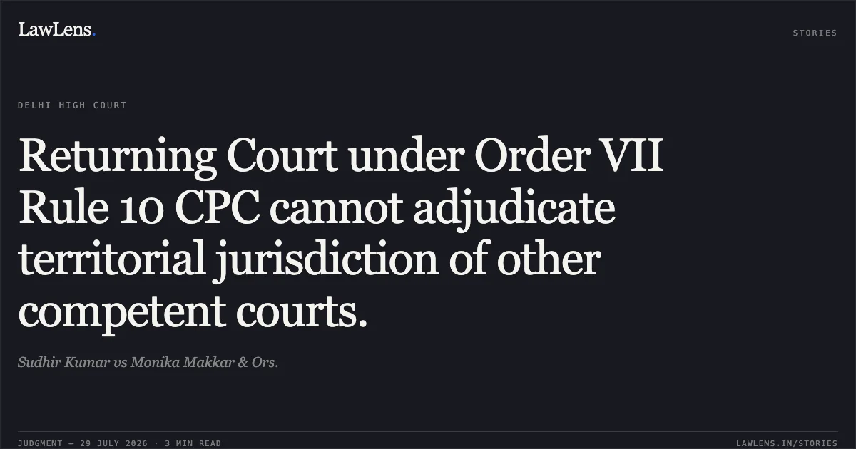Returning Court under Order VII Rule 10 CPC cannot adjudicate territorial jurisdiction of other competent courts.. Sudhir Kumar vs Monika Makkar & Ors.. Delhi High Court. LawLens