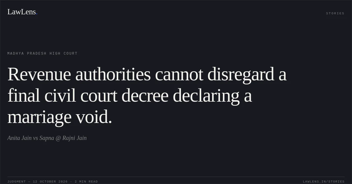 Revenue authorities cannot disregard a final civil court decree declaring a marriage void.. Anita Jain vs Sapna @ Rajni Jain. Madhya Pradesh High Court. LawLens