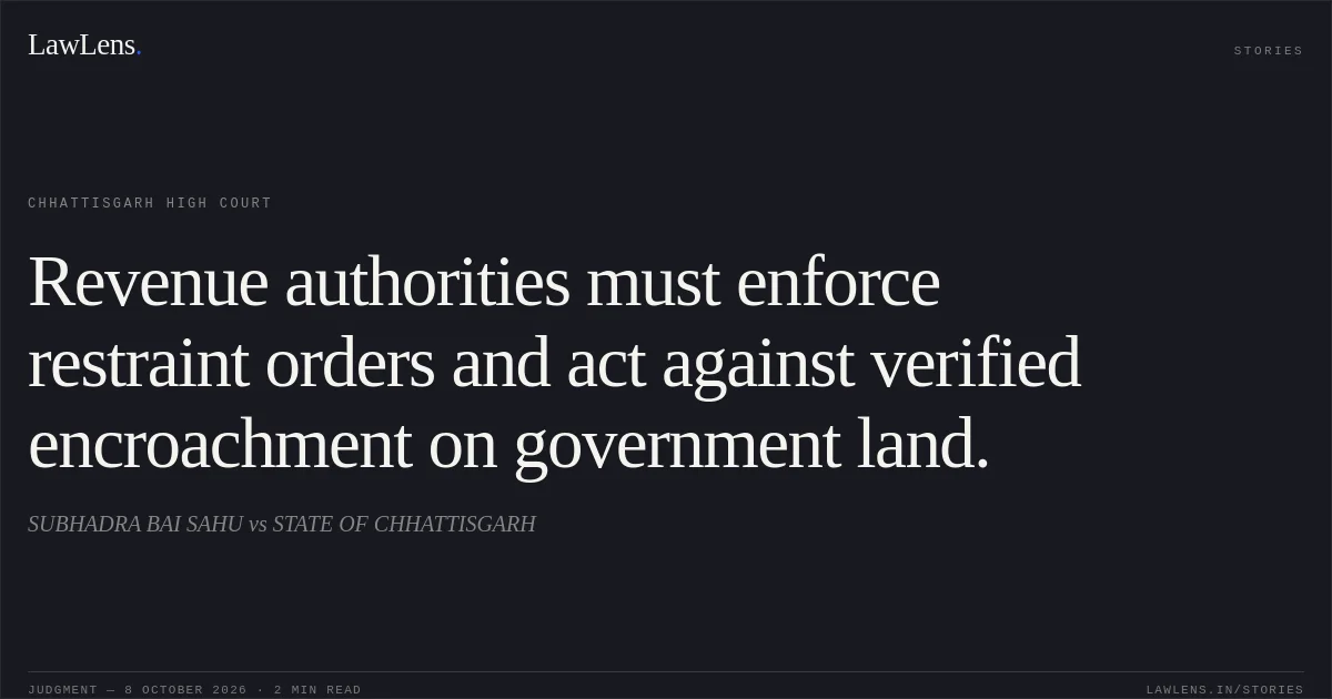 Revenue authorities must enforce restraint orders and act against verified encroachment on government land.. SUBHADRA BAI SAHU vs STATE OF CHHATTISGARH. Chhattisgarh High Court. LawLens