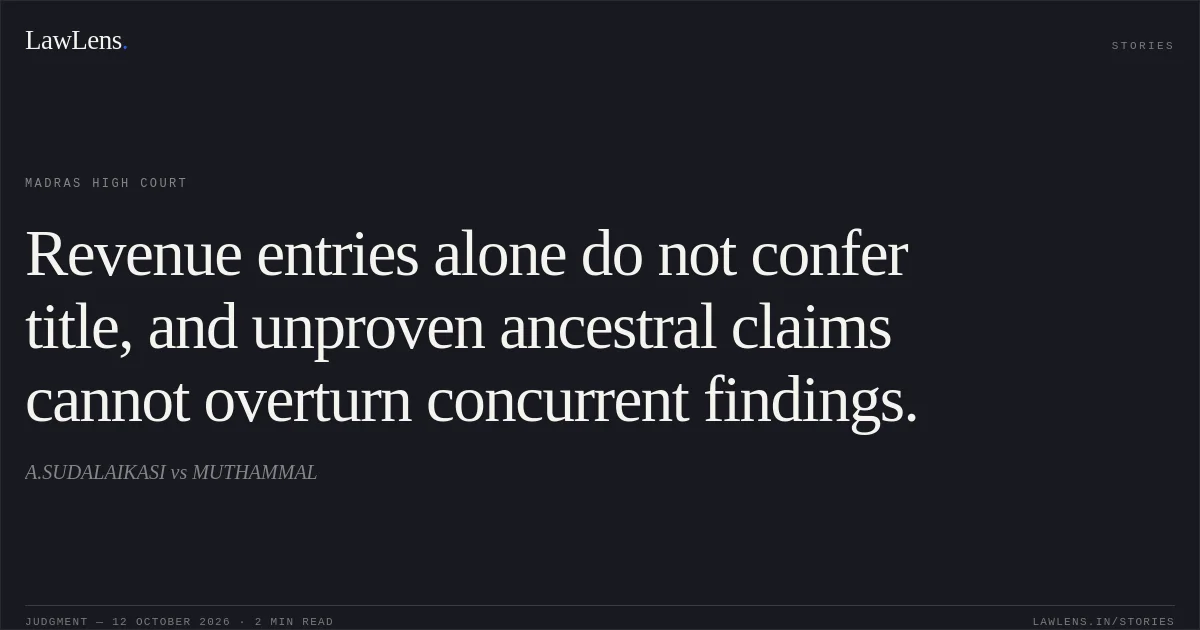 Revenue entries alone do not confer title, and unproven ancestral claims cannot overturn concurrent findings.. A.SUDALAIKASI vs MUTHAMMAL. Madras High Court. LawLens
