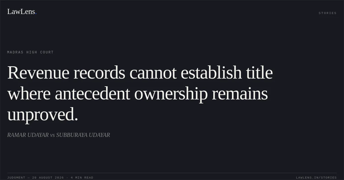 Revenue records cannot establish title where antecedent ownership remains unproved.. RAMAR UDAYAR vs SUBBURAYA UDAYAR. Madras High Court. LawLens