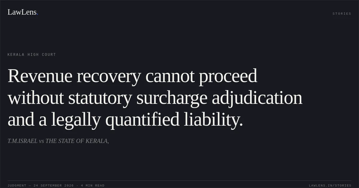 Revenue recovery cannot proceed without statutory surcharge adjudication and a legally quantified liability.. T.M.ISRAEL vs THE STATE OF KERALA,. Kerala High Court. LawLens