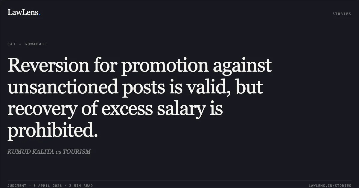 Reversion for promotion against unsanctioned posts is valid, but recovery of excess salary is prohibited.. KUMUD KALITA vs TOURISM. Central Administrative Tribunal. LawLens