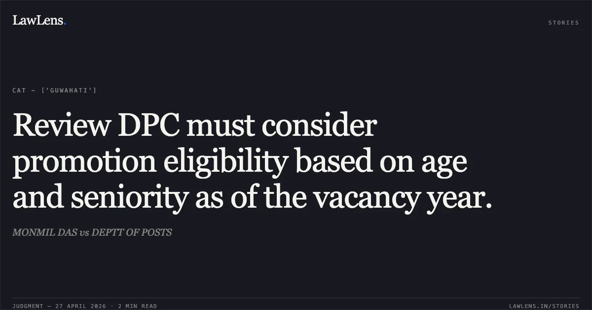 Review DPC must consider promotion eligibility based on age and seniority as of the vacancy year.. MONMIL DAS vs DEPTT OF POSTS. Central Administrative Tribunal. LawLens