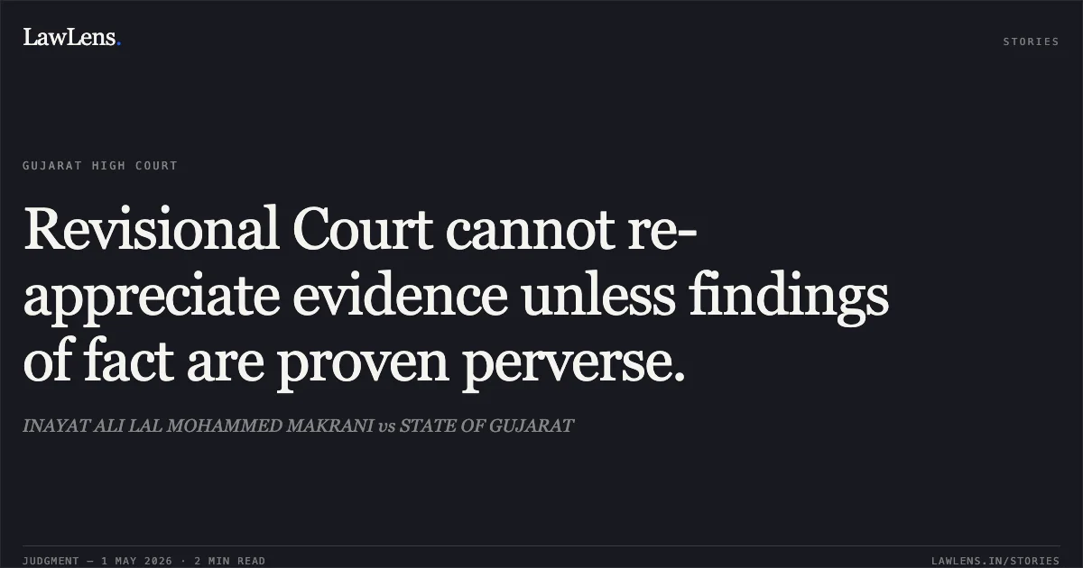 Revisional Court cannot re-appreciate evidence unless findings of fact are proven perverse.. INAYAT ALI LAL MOHAMMED MAKRANI vs STATE OF GUJARAT. Gujarat High Court. LawLens
