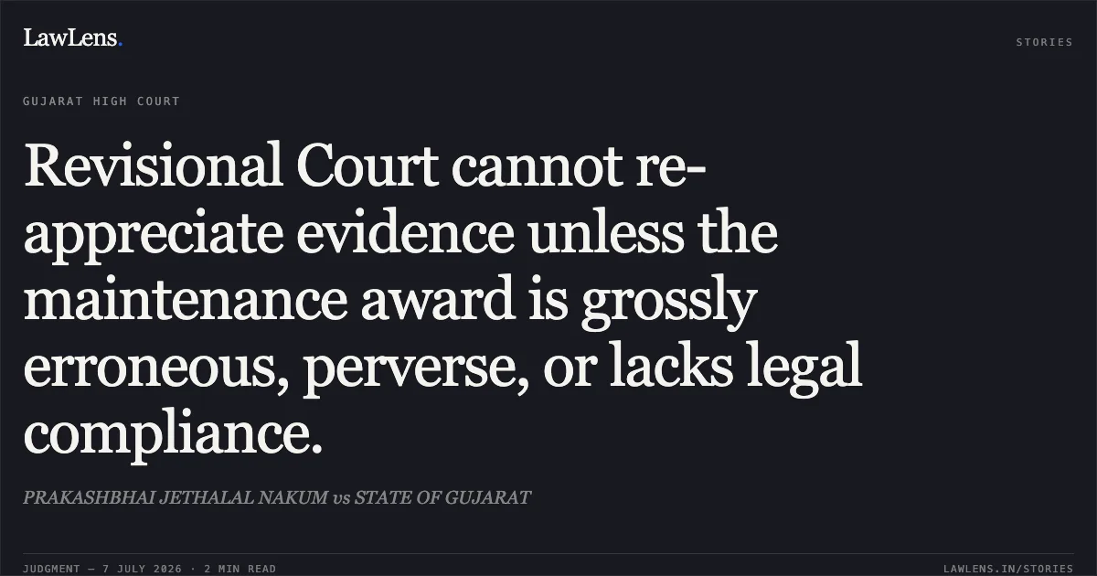 Revisional Court cannot re-appreciate evidence unless the maintenance award is grossly erroneous, perverse, or lacks legal compliance.. PRAKASHBHAI JETHALAL NAKUM vs STATE OF GUJARAT. Gujarat High Court. LawLens