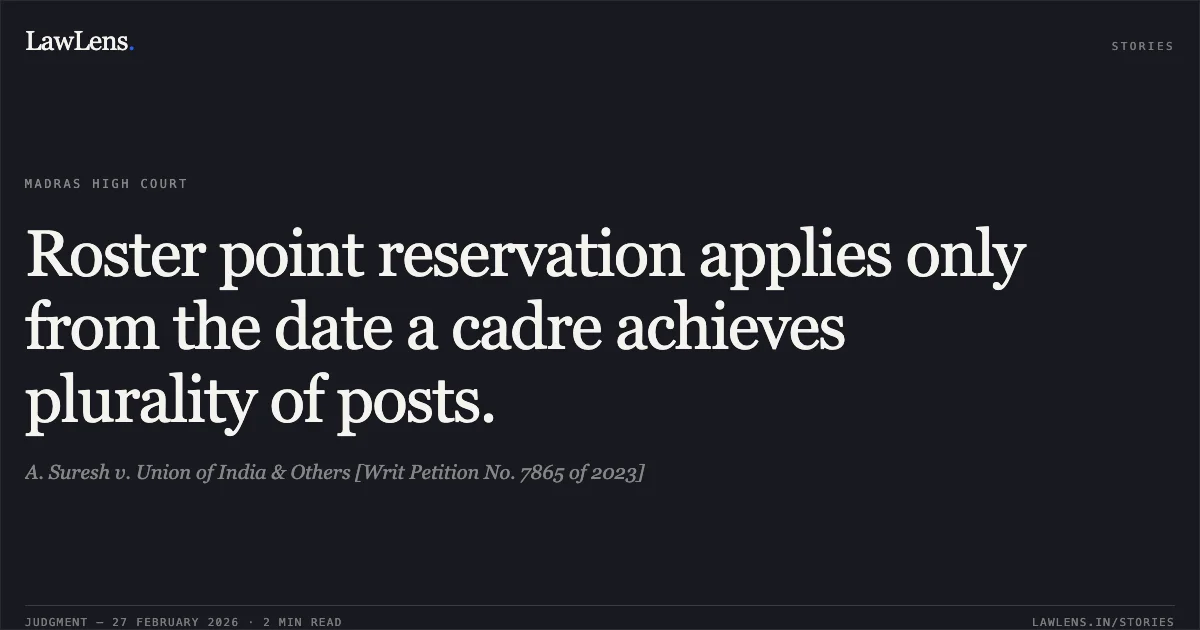 Roster point reservation applies only from the date a cadre achieves plurality of posts.. A. Suresh v. Union of India & Others [Writ Petition No. 7865 of 2023]. Madras High Court. LawLens
