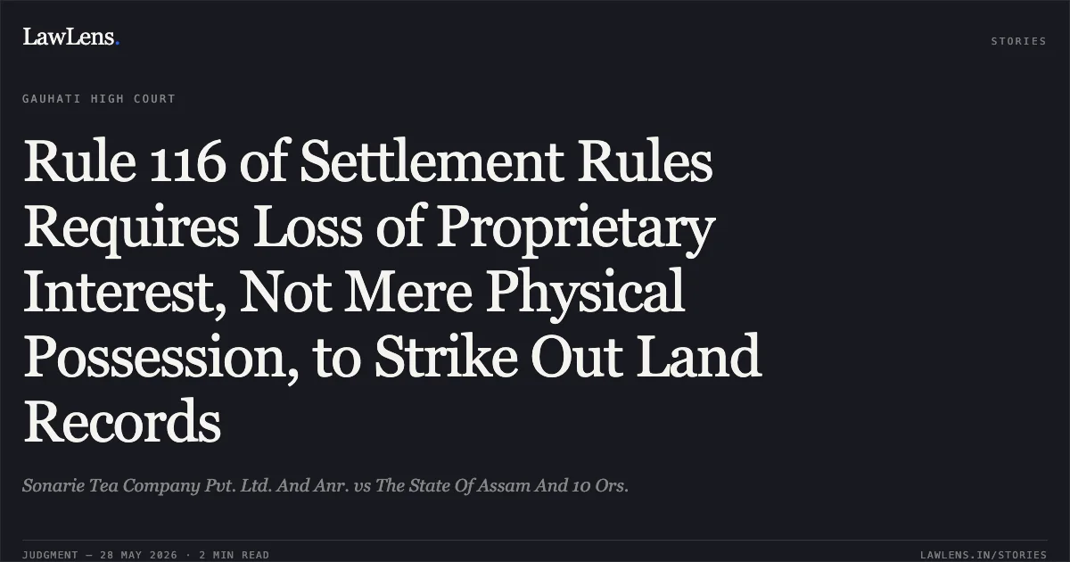 Rule 116 of Settlement Rules Requires Loss of Proprietary Interest, Not Mere Physical Possession, to Strike Out Land Records. Sonarie Tea Company Pvt. Ltd. And Anr. vs The State Of Assam And 10 Ors.. Gauhati High Court. LawLens