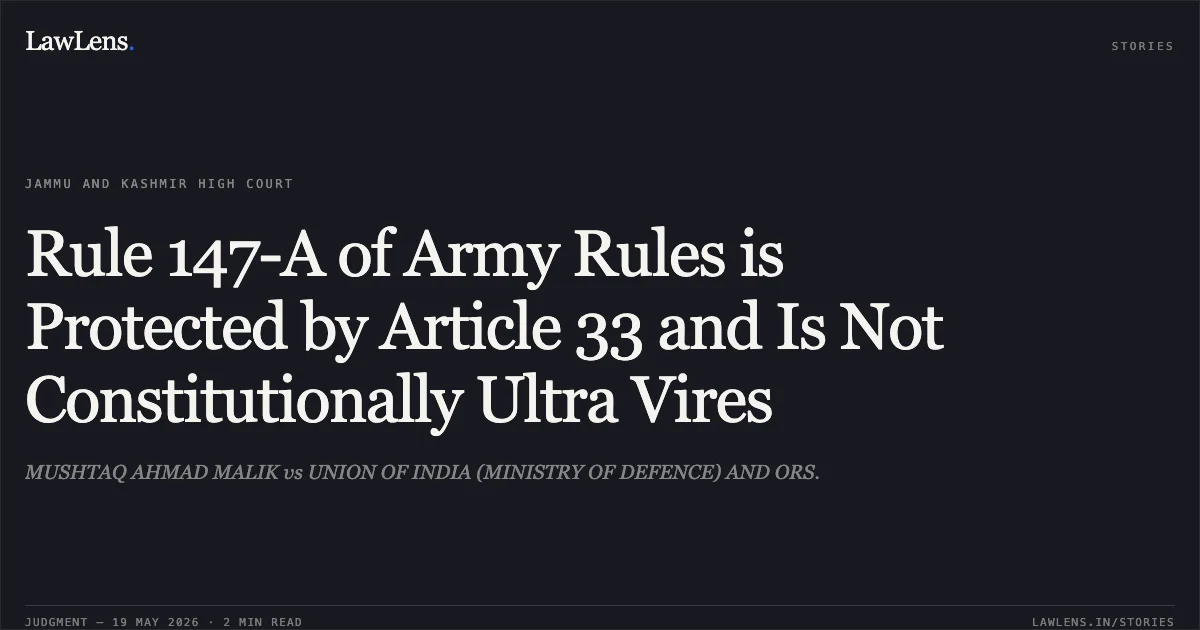 Rule 147-A of Army Rules is Protected by Article 33 and Is Not Constitutionally Ultra Vires. MUSHTAQ AHMAD MALIK vs UNION OF INDIA (MINISTRY OF DEFENCE) AND ORS.. Jammu and Kashmir High Court. LawLens