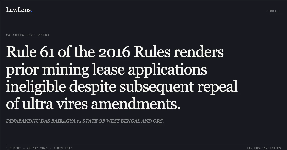 Rule 61 of the 2016 Rules renders prior mining lease applications ineligible despite subsequent repeal of ultra vires amendments.. DINABANDHU DAS BAIRAGYA vs STATE OF WEST BENGAL AND ORS.. Calcutta High Court. LawLens