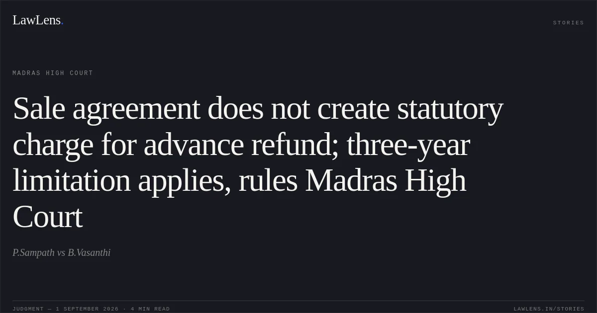 Sale agreement does not create statutory charge for advance refund; three-year limitation applies, rules Madras High Court. P.Sampath vs B.Vasanthi. Madras High Court. LawLens