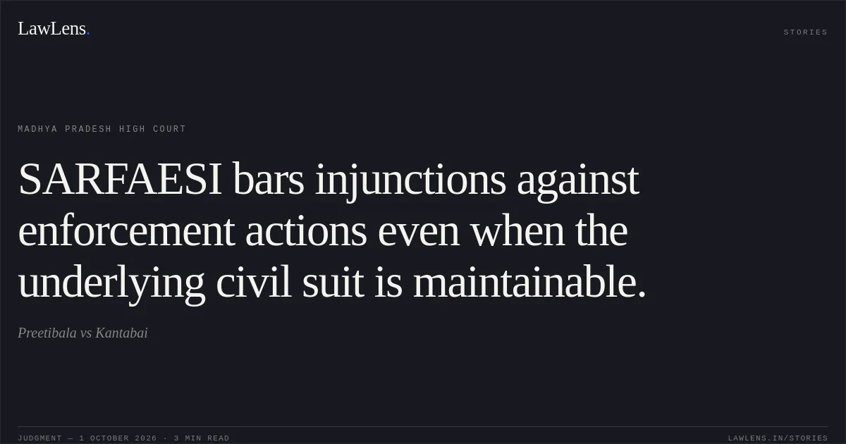 SARFAESI bars injunctions against enforcement actions even when the underlying civil suit is maintainable.. Preetibala vs Kantabai. Madhya Pradesh High Court. LawLens