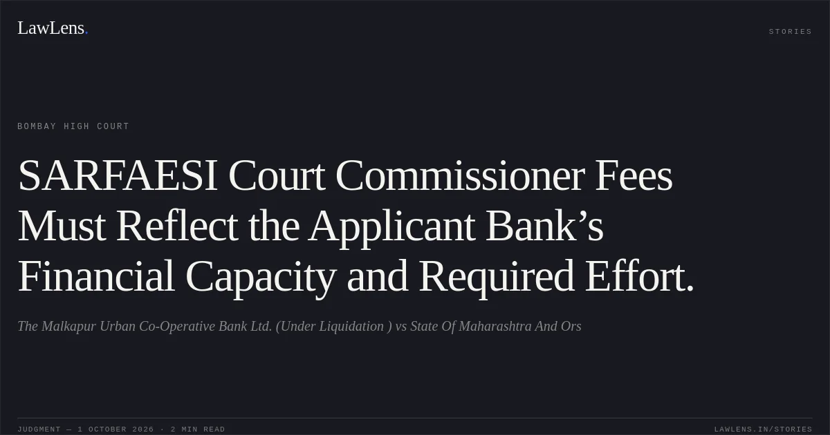 SARFAESI Court Commissioner Fees Must Reflect the Applicant Bank’s Financial Capacity and Required Effort.. The Malkapur Urban Co-Operative Bank Ltd. (Under Liquidation ) vs State Of Maharashtra And Ors. Bombay High Court. LawLens