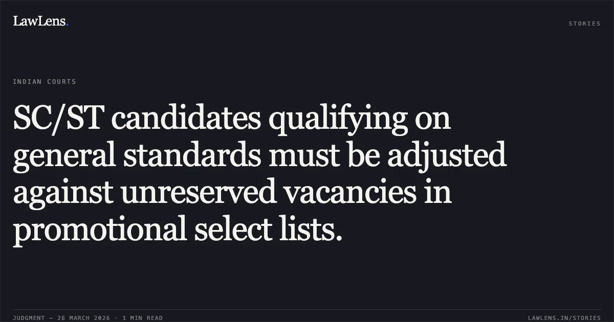 SC/ST candidates qualifying on general standards must be adjusted against unreserved vacancies in promotional select lists.. SUBRATA MANDAL vs EASTERN RAILWAY. CAT - Kolkata. LawLens