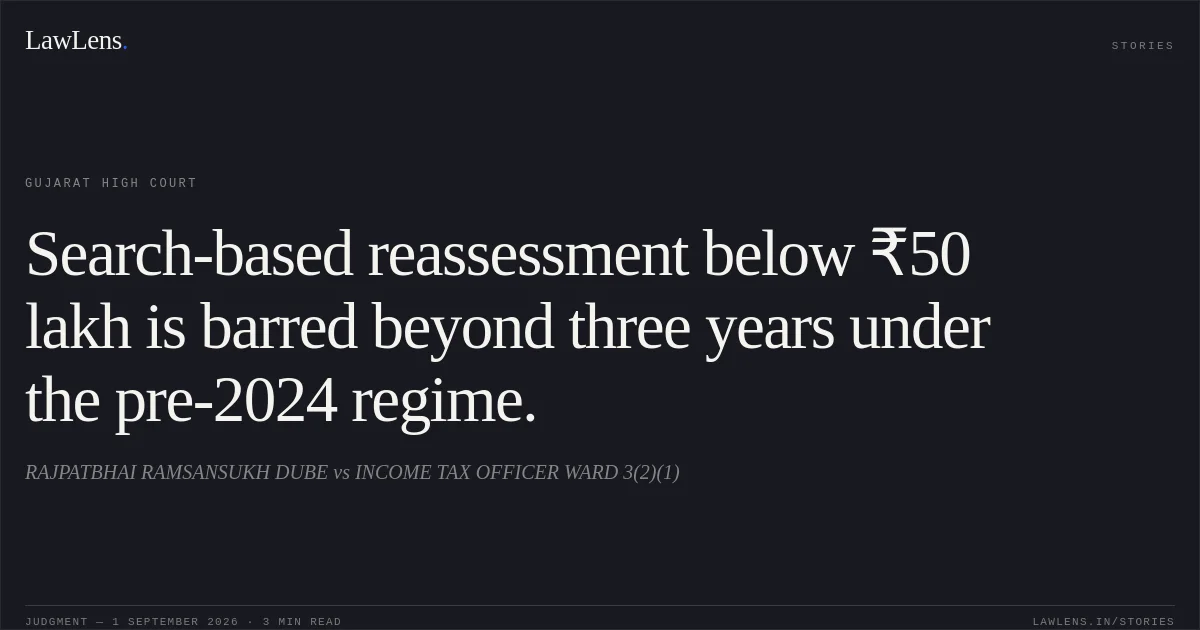 Search-based reassessment below ₹50 lakh is barred beyond three years under the pre-2024 regime.. RAJPATBHAI RAMSANSUKH DUBE vs INCOME TAX OFFICER WARD 3(2)(1). Gujarat High Court. LawLens