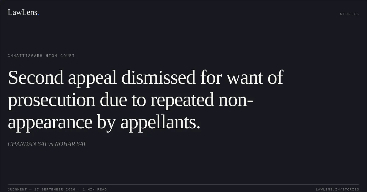 Second appeal dismissed for want of prosecution due to repeated non-appearance by appellants.. CHANDAN SAI vs NOHAR SAI. Chhattisgarh High Court. LawLens