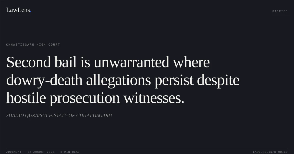 Second bail is unwarranted where dowry-death allegations persist despite hostile prosecution witnesses.. SHAHID QURAISHI vs STATE OF CHHATTISGARH. Chhattisgarh High Court. LawLens