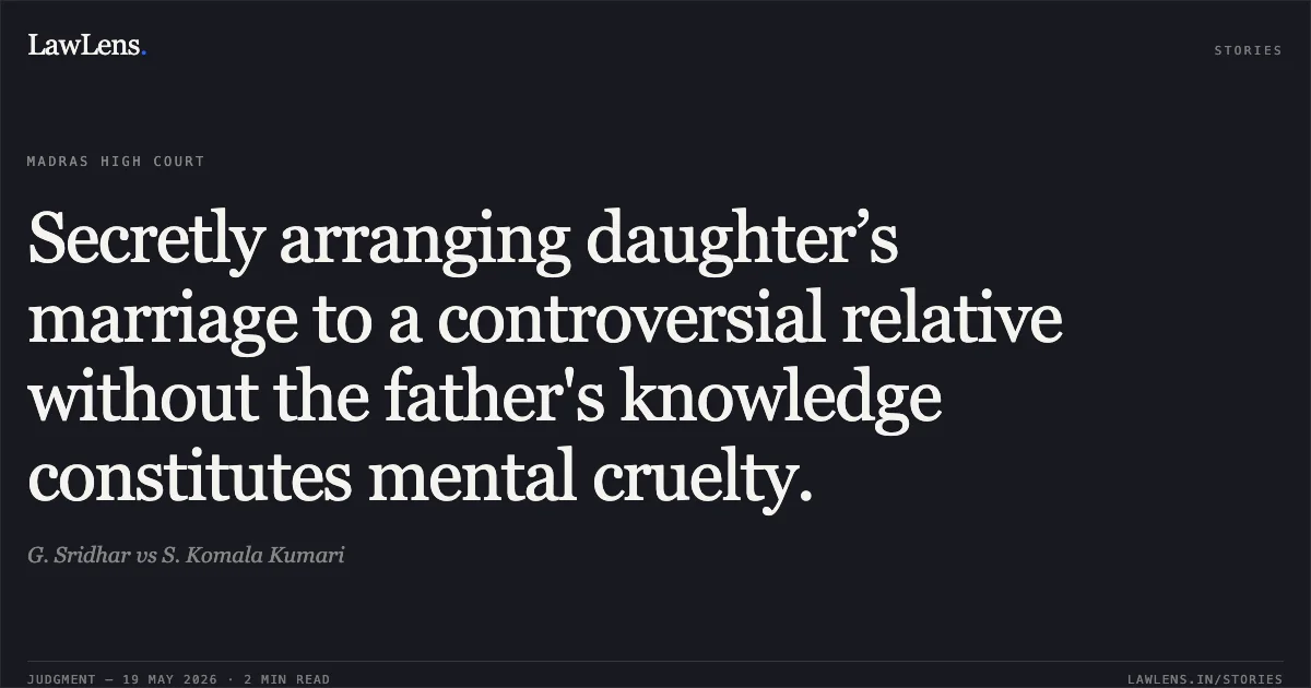 Secretly arranging daughter’s marriage to a controversial relative without the father's knowledge constitutes mental cruelty.. G. Sridhar vs S. Komala Kumari. Madras High Court. LawLens