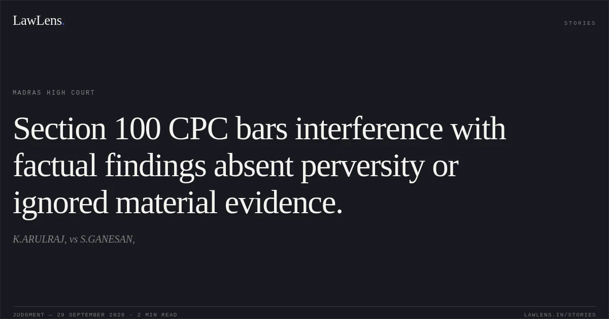 Section 100 CPC bars interference with factual findings absent perversity or ignored material evidence.. K.ARULRAJ, vs S.GANESAN,. Madras High Court. LawLens