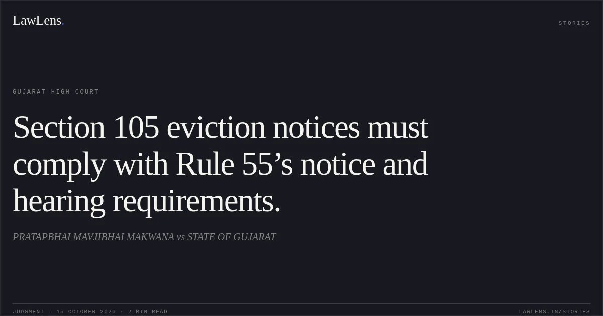 Section 105 eviction notices must comply with Rule 55’s notice and hearing requirements.. PRATAPBHAI MAVJIBHAI MAKWANA vs STATE OF GUJARAT. Gujarat High Court. LawLens