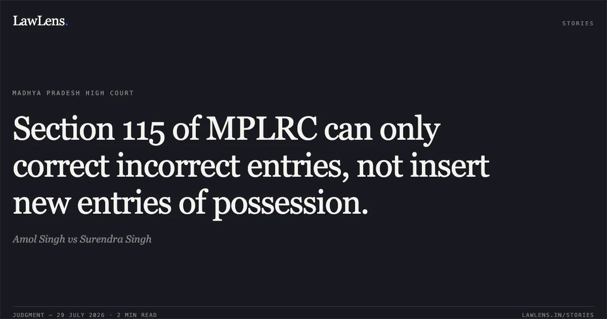 Section 115 of MPLRC can only correct incorrect entries, not insert new entries of possession.. Amol Singh vs Surendra Singh. Madhya Pradesh High Court. LawLens