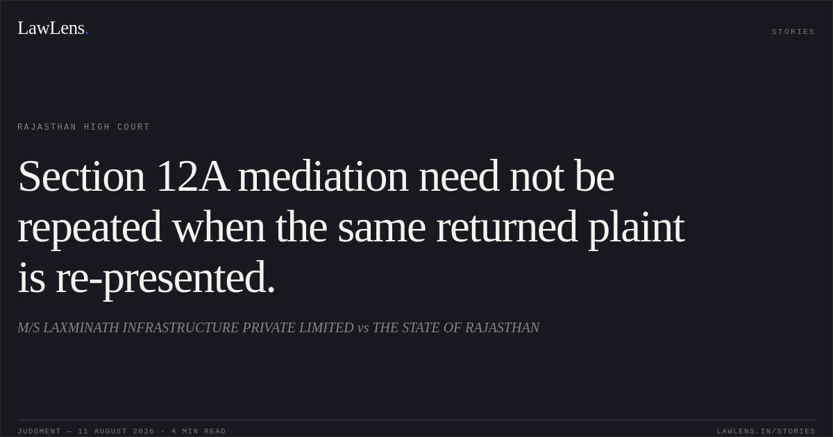 Section 12A mediation need not be repeated when the same returned plaint is re-presented.. M/S LAXMINATH INFRASTRUCTURE PRIVATE LIMITED vs THE STATE OF RAJASTHAN. Rajasthan High Court. LawLens