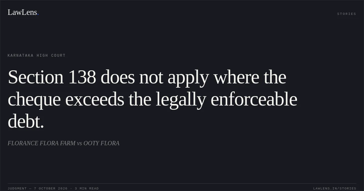 Section 138 does not apply where the cheque exceeds the legally enforceable debt.. FLORANCE FLORA FARM vs OOTY FLORA. Karnataka High Court. LawLens