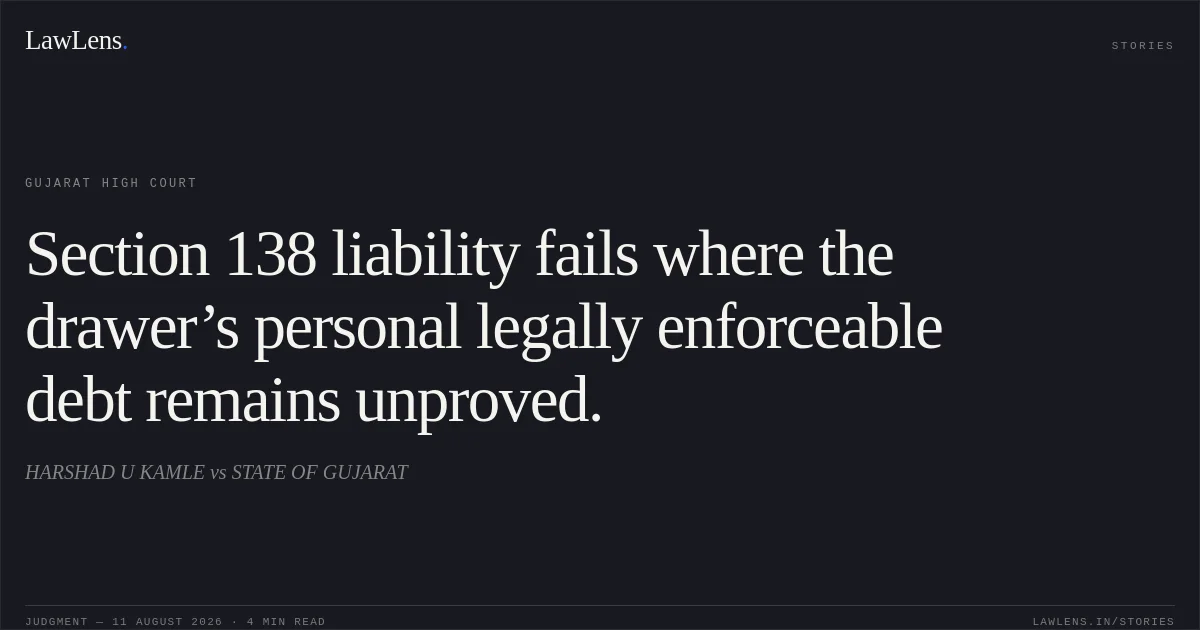 Section 138 liability fails where the drawer’s personal legally enforceable debt remains unproved.. HARSHAD U KAMLE vs STATE OF GUJARAT. Gujarat High Court. LawLens