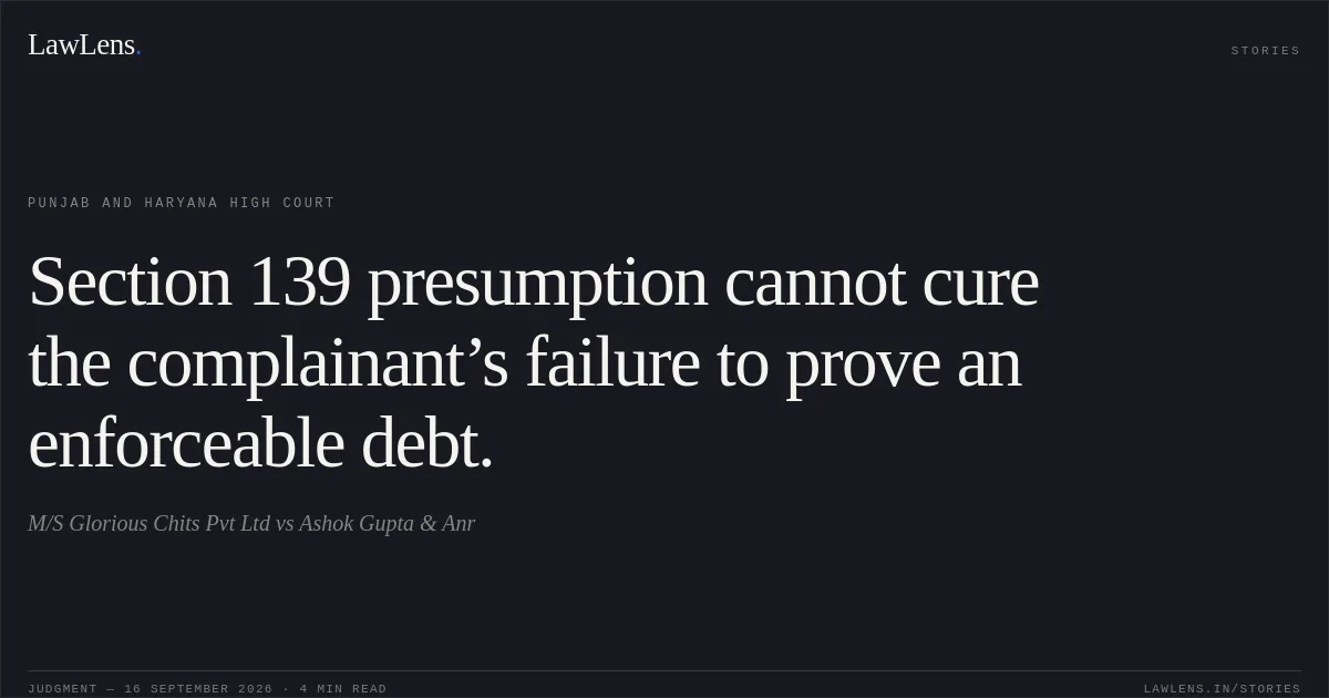 Section 139 presumption cannot cure the complainant’s failure to prove an enforceable debt.. M/S Glorious Chits Pvt Ltd vs Ashok Gupta & Anr. Punjab and Haryana High Court. LawLens