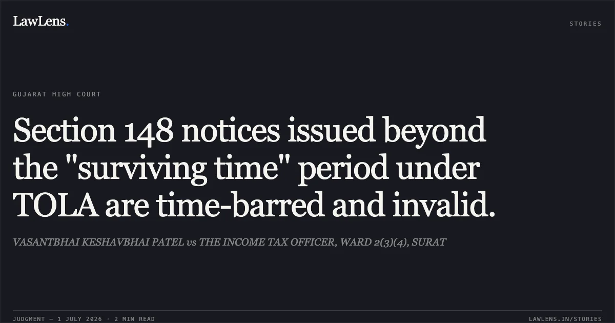 Section 148 notices issued beyond the "surviving time" period under TOLA are time-barred and invalid.. VASANTBHAI KESHAVBHAI PATEL vs THE INCOME TAX OFFICER, WARD 2(3)(4), SURAT. Gujarat High Court. LawLens
