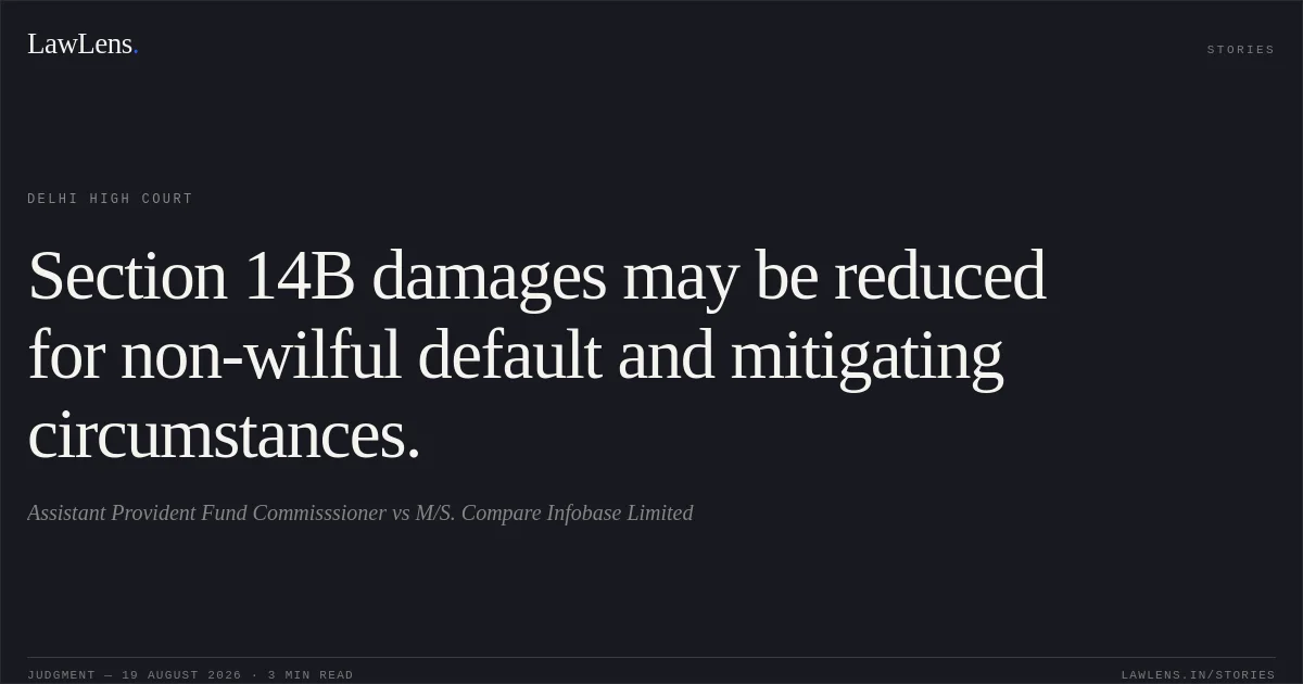 Section 14B damages may be reduced for non-wilful default and mitigating circumstances.. Assistant Provident Fund Commisssioner vs M/S. Compare Infobase Limited. Delhi High Court. LawLens