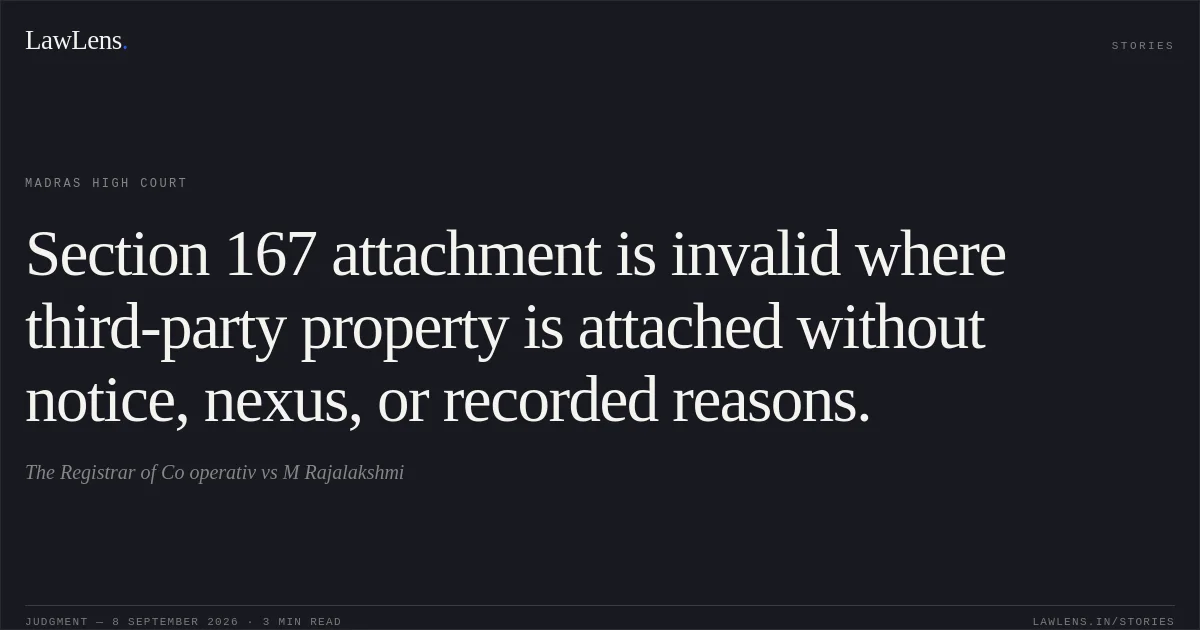 Section 167 attachment is invalid where third-party property is attached without notice, nexus, or recorded reasons.. The Registrar of Co operativ vs M Rajalakshmi. Madras High Court. LawLens