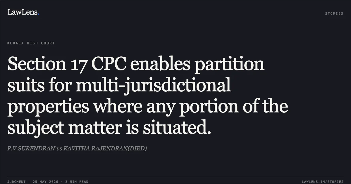 Section 17 CPC enables partition suits for multi-jurisdictional properties where any portion of the subject matter is situated.. P.V.SURENDRAN vs KAVITHA RAJENDRAN(DIED). Kerala High Court. LawLens