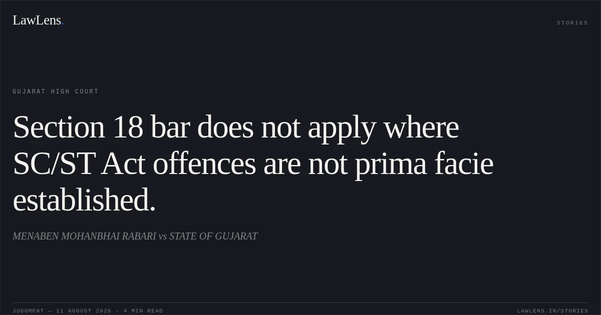 Section 18 bar does not apply where SC/ST Act offences are not prima facie established.. MENABEN MOHANBHAI RABARI vs STATE OF GUJARAT. Gujarat High Court. LawLens
