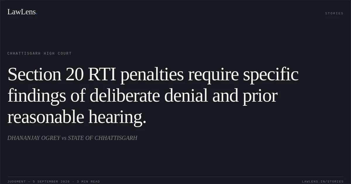 Section 20 RTI penalties require specific findings of deliberate denial and prior reasonable hearing.. DHANANJAY OGREY vs STATE OF CHHATTISGARH. Chhattisgarh High Court. LawLens
