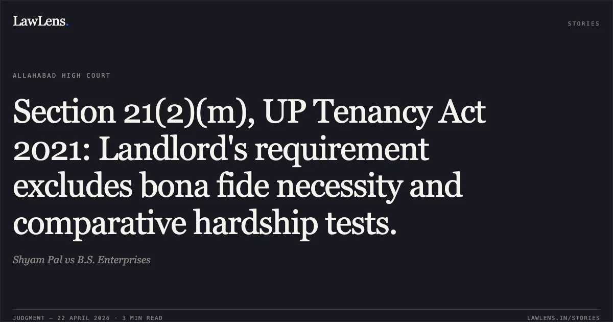 Section 21(2)(m), UP Tenancy Act 2021: Landlord's requirement excludes bona fide necessity and comparative hardship tests.. Shyam Pal vs B.S. Enterprises. Allahabad High Court. LawLens