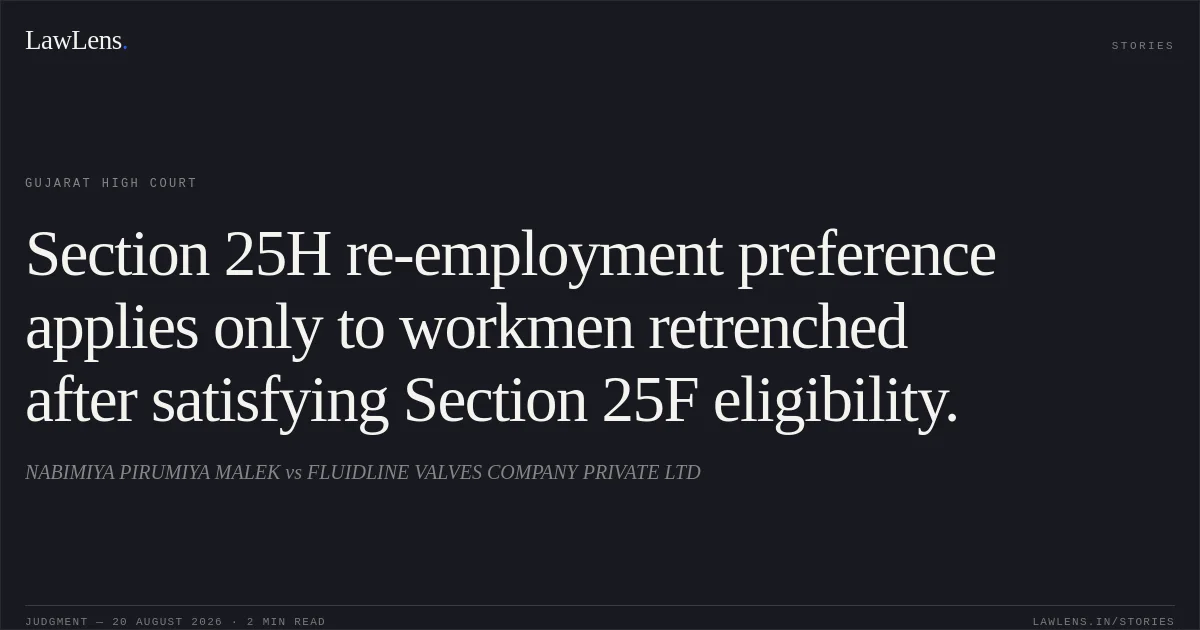 Section 25H re-employment preference applies only to workmen retrenched after satisfying Section 25F eligibility.. NABIMIYA PIRUMIYA MALEK vs FLUIDLINE VALVES COMPANY PRIVATE LTD. Gujarat High Court. LawLens