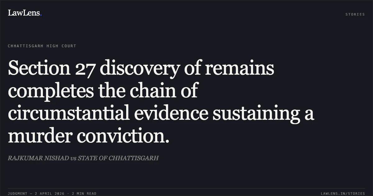 Section 27 discovery of remains completes the chain of circumstantial evidence sustaining a murder conviction.. RAJKUMAR NISHAD vs STATE OF CHHATTISGARH. Chhattisgarh High Court. LawLens