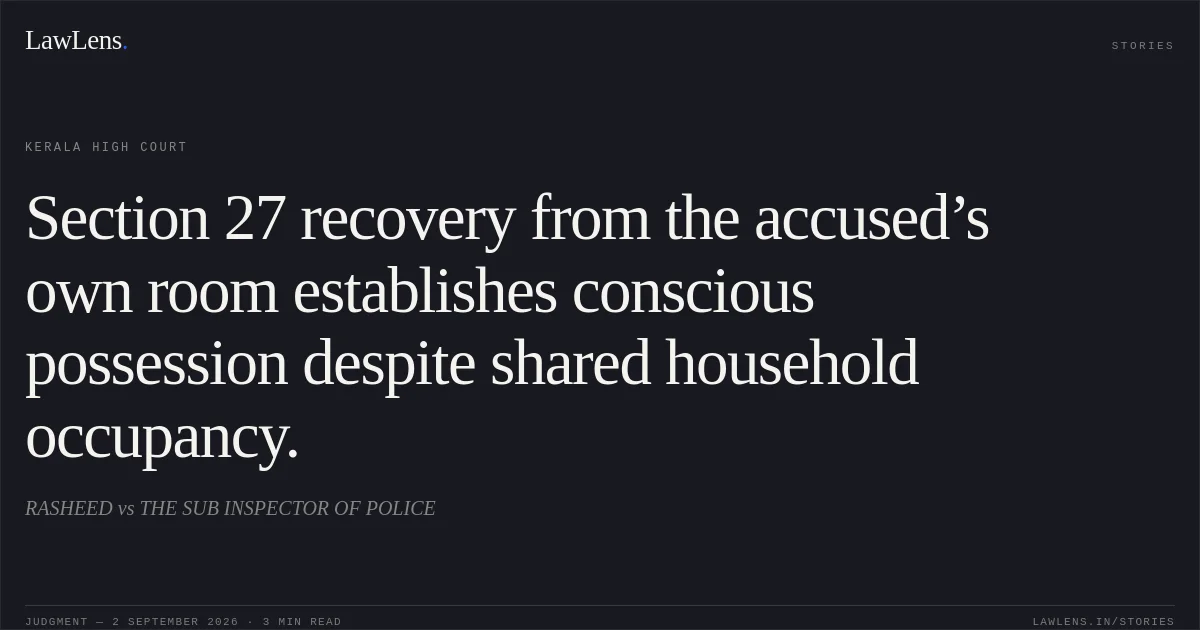 Section 27 recovery from the accused’s own room establishes conscious possession despite shared household occupancy.. RASHEED vs THE SUB INSPECTOR OF POLICE. Kerala High Court. LawLens