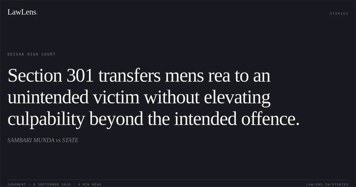 Section 301 transfers mens rea to an unintended victim without elevating culpability beyond the intended offence.. SAMBARI MUNDA vs STATE. Odisha High Court. LawLens