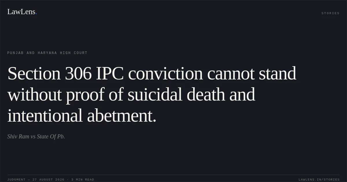 Section 306 IPC conviction cannot stand without proof of suicidal death and intentional abetment.. Shiv Ram vs State Of Pb.. Punjab and Haryana High Court. LawLens