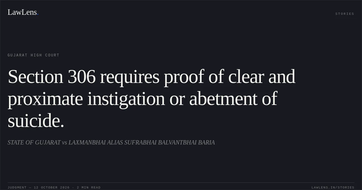 Section 306 requires proof of clear and proximate instigation or abetment of suicide.. STATE OF GUJARAT vs LAXMANBHAI ALIAS SUFRABHAI BALVANTBHAI BARIA. Gujarat High Court. LawLens