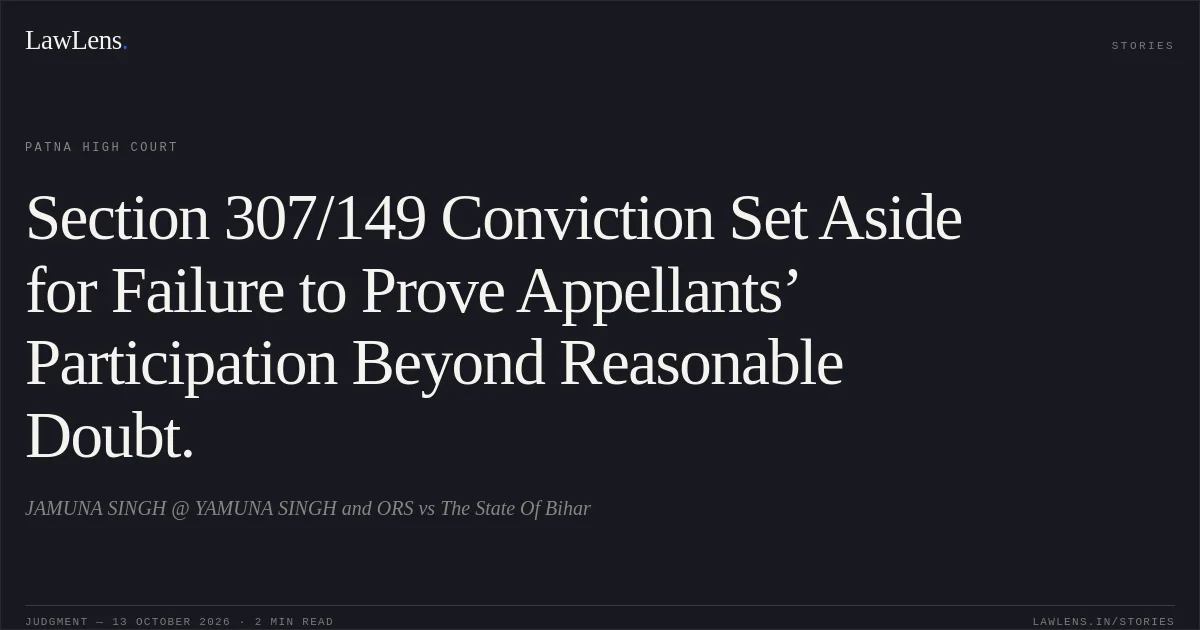 Section 307/149 Conviction Set Aside for Failure to Prove Appellants’ Participation Beyond Reasonable Doubt.. JAMUNA SINGH @ YAMUNA SINGH and ORS vs The State Of Bihar. Patna High Court. LawLens