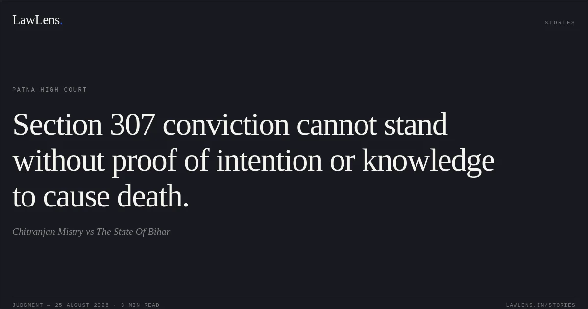 Section 307 conviction cannot stand without proof of intention or knowledge to cause death.. Chitranjan Mistry vs The State Of Bihar. Patna High Court. LawLens