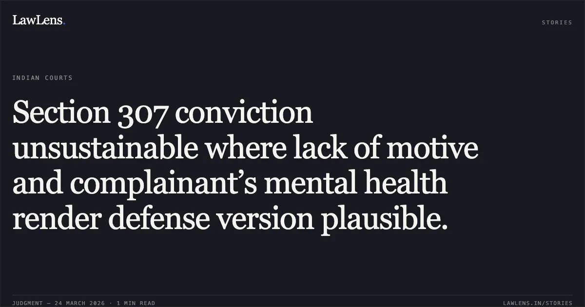 Section 307 conviction unsustainable where lack of motive and complainant’s mental health render defense version plausible.. SHESHNARAYAN vs STATE OF CHHATTISGARH. Chhattisgarh High Court. LawLens