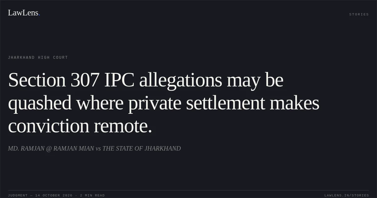 Section 307 IPC allegations may be quashed where private settlement makes conviction remote.. MD. RAMJAN @ RAMJAN MIAN vs THE STATE OF JHARKHAND. Jharkhand High Court. LawLens