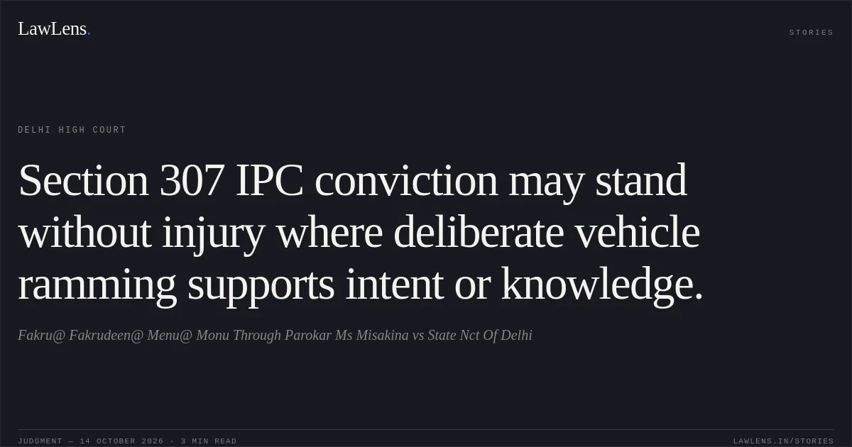 Section 307 IPC conviction may stand without injury where deliberate vehicle ramming supports intent or knowledge.. Fakru@ Fakrudeen@ Menu@ Monu Through Parokar Ms Misakina vs State Nct Of Delhi. Delhi High Court. LawLens