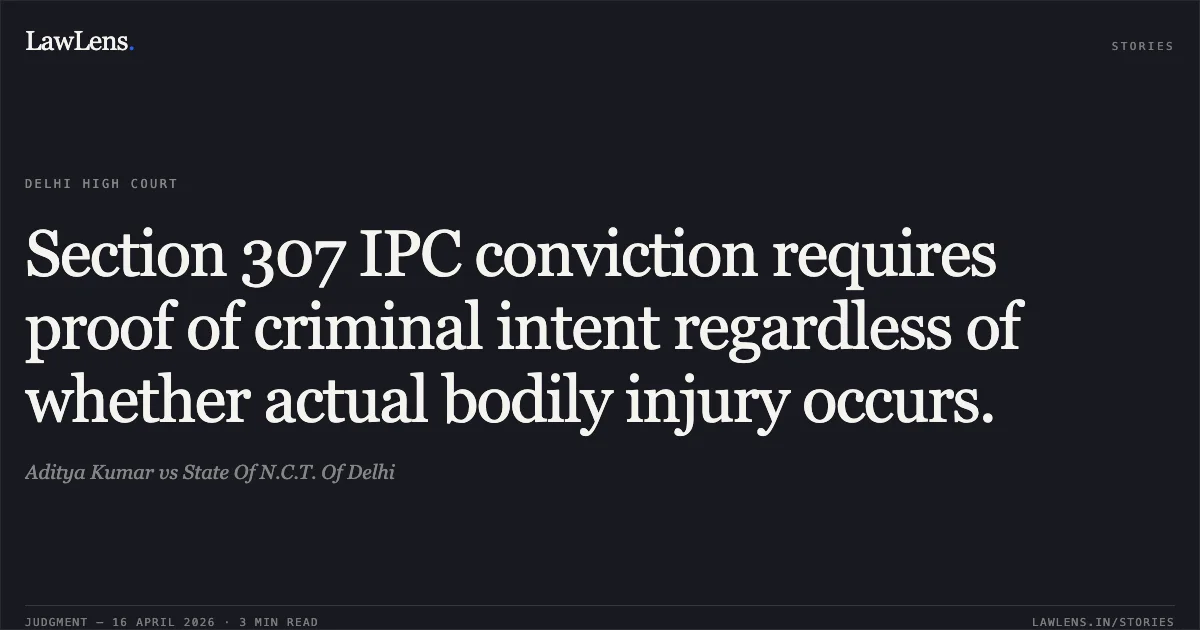 Section 307 IPC conviction requires proof of criminal intent regardless of whether actual bodily injury occurs.. Aditya Kumar vs State Of N.C.T. Of Delhi. Delhi High Court. LawLens