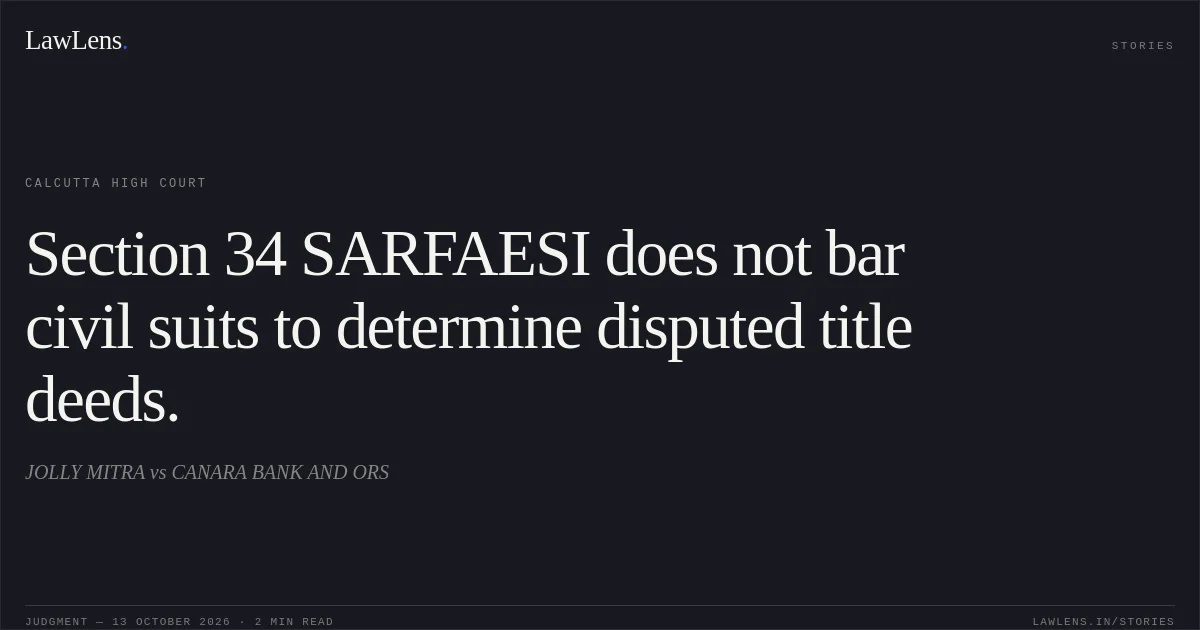 Section 34 SARFAESI does not bar civil suits to determine disputed title deeds.. JOLLY MITRA vs CANARA BANK AND ORS. Calcutta High Court. LawLens