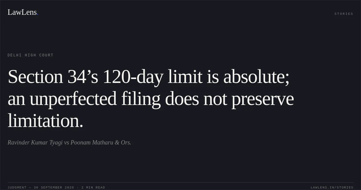 Section 34’s 120-day limit is absolute; an unperfected filing does not preserve limitation.. Ravinder Kumar Tyagi vs Poonam Matharu & Ors.. Delhi High Court. LawLens